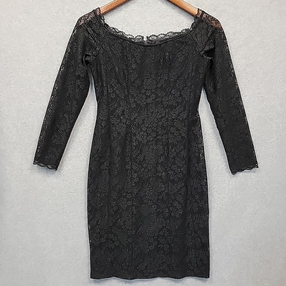 ALEX EVENINGS Sz 6P Black Silver Sparkly Lace Boat Neck Cocktail Dress Lined EUC